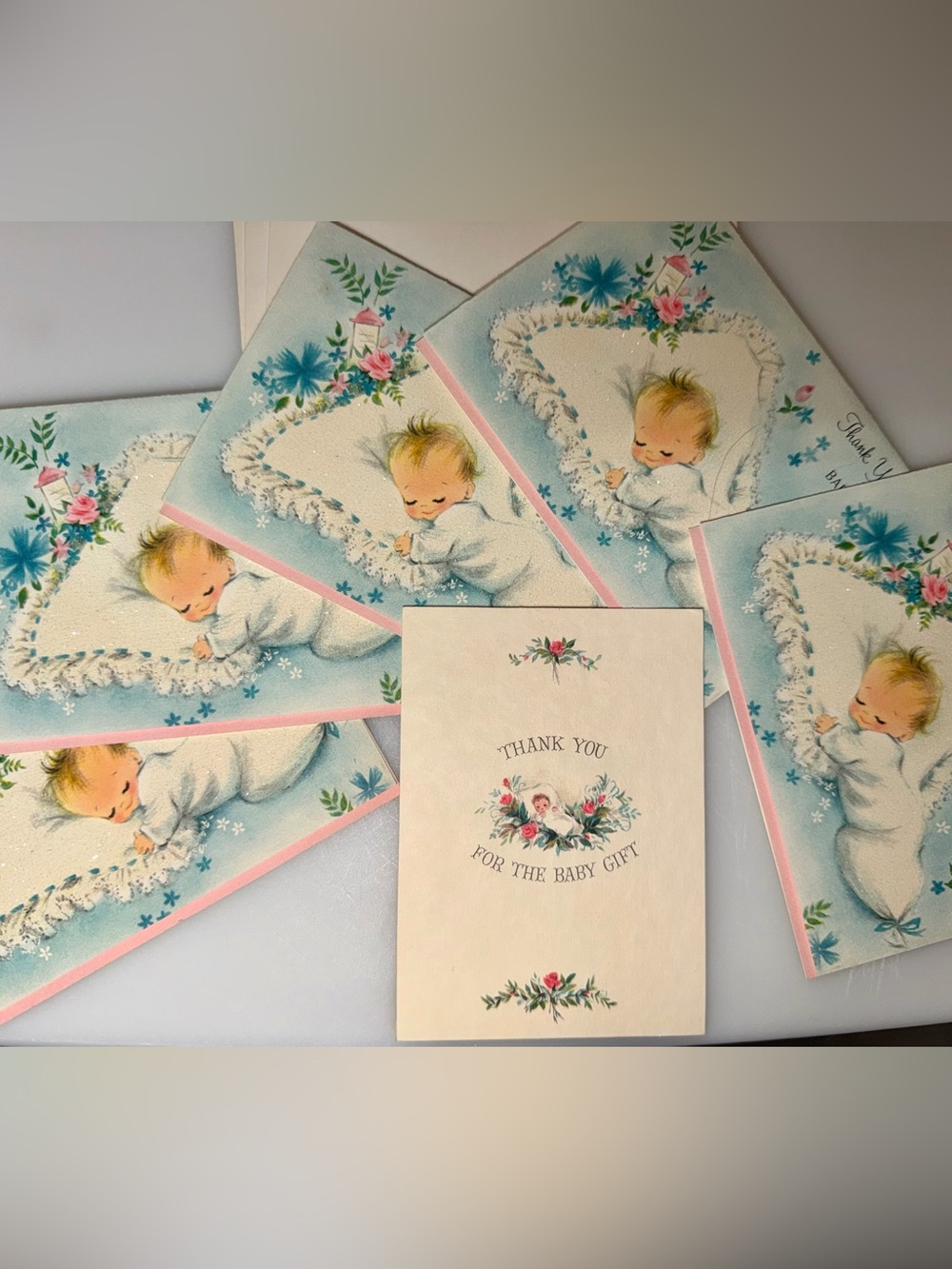 VTG Hallmark BABY Thank You Cards 5 GLITTERY inside Greeting +small 1 +Envelopes